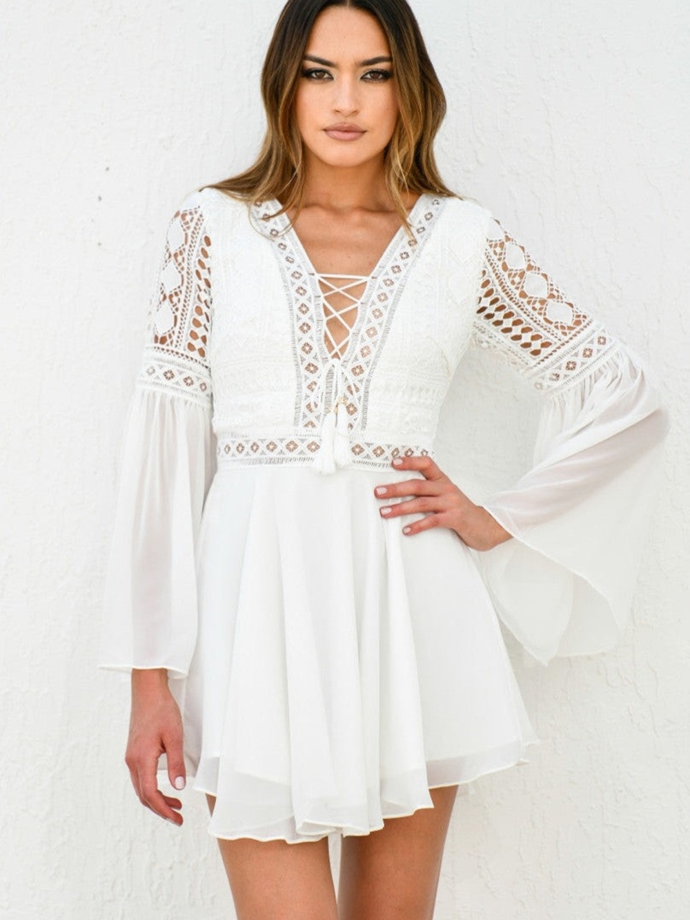 White Lace-Up Crochet Two Sisters The Label Mini Dress